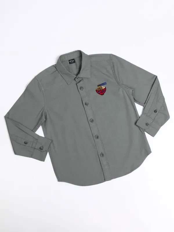 Hoop Kids Boys Olive Self Design Slim Fit Casual Shirt