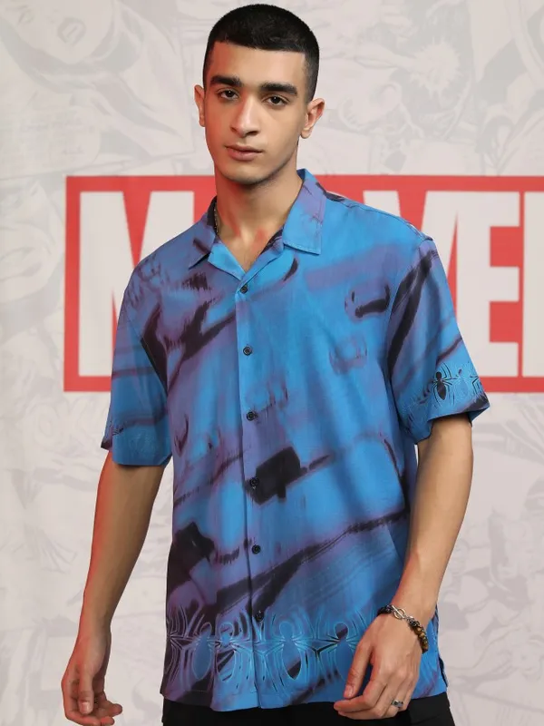 Marvel By Highlander Men Blue Spider-Man Printed Relaxed Fit Casual Shirt