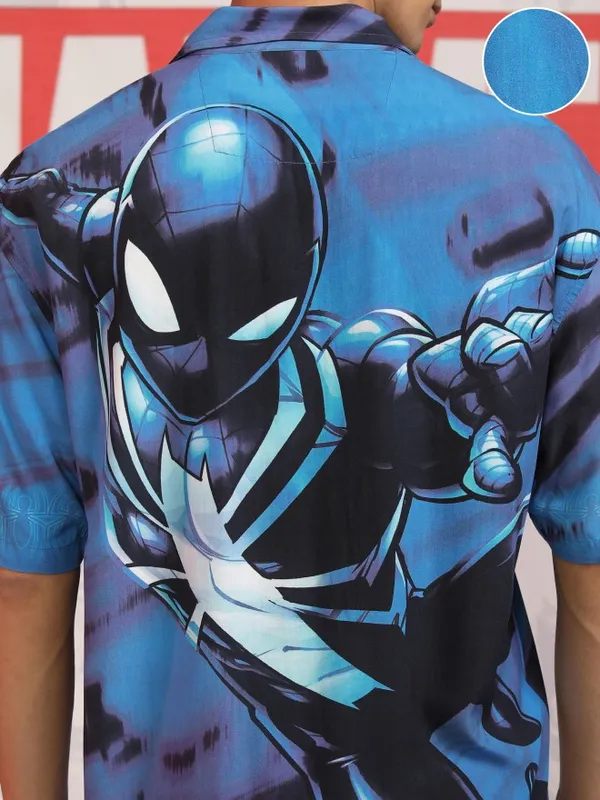 Marvel By Highlander Men Blue Spider-Man Printed Relaxed Fit Casual Shirt