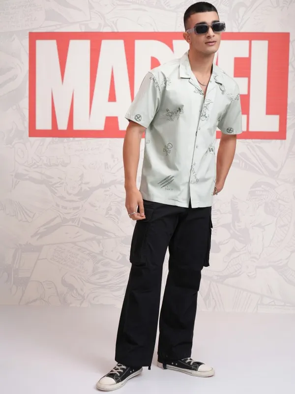 Marvel By Highlander Men Grey Deadpool And Wolverine Printed Relaxed Fit Casual Shirt