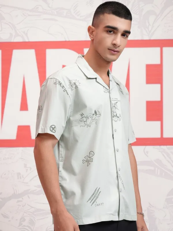 Marvel By Highlander Men Grey Deadpool And Wolverine Printed Relaxed Fit Casual Shirt