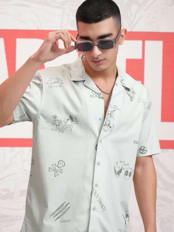 Marvel By Highlander Men Grey Deadpool And Wolverine Printed Relaxed Fit Casual Shirt