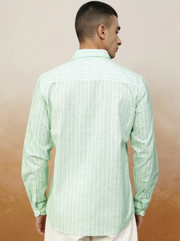 Highlander Men Green Striped Regular Fit Casual Shirt