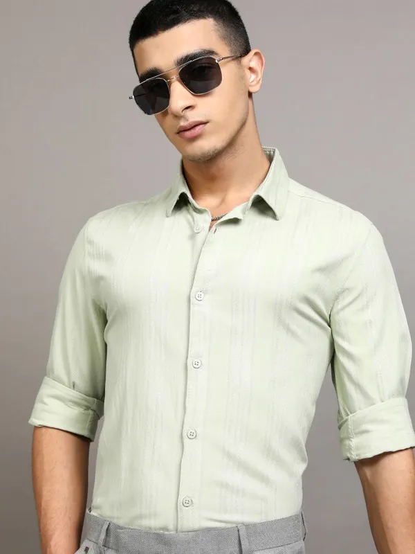 Highlander Men Green Striped Slim Fit Casual Shirt