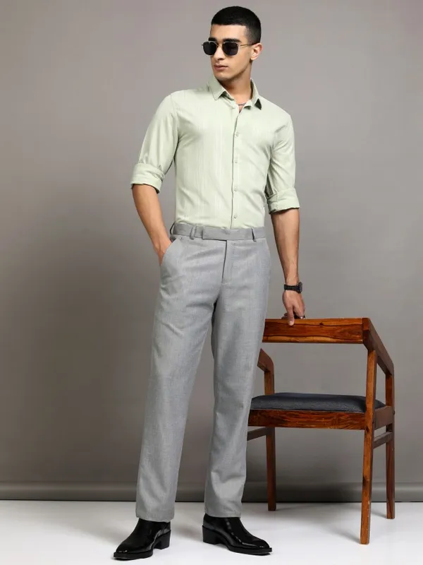 Highlander Men Green Striped Slim Fit Casual Shirt