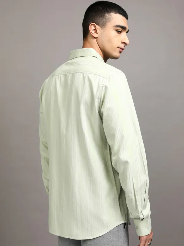 Highlander Men Green Striped Slim Fit Casual Shirt