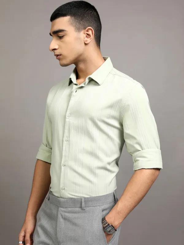 Highlander Men Green Striped Slim Fit Casual Shirt