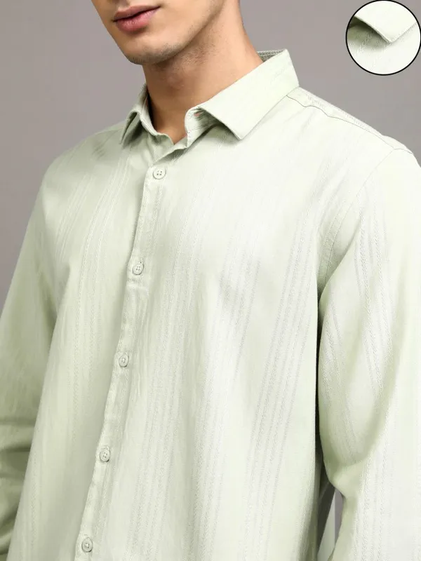 Highlander Men Green Striped Slim Fit Casual Shirt