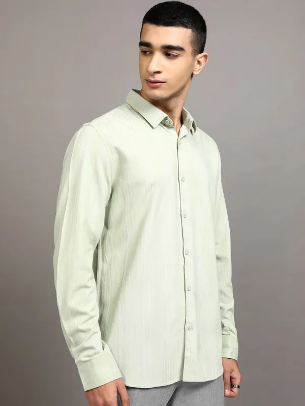 Highlander Men Green Striped Slim Fit Casual Shirt