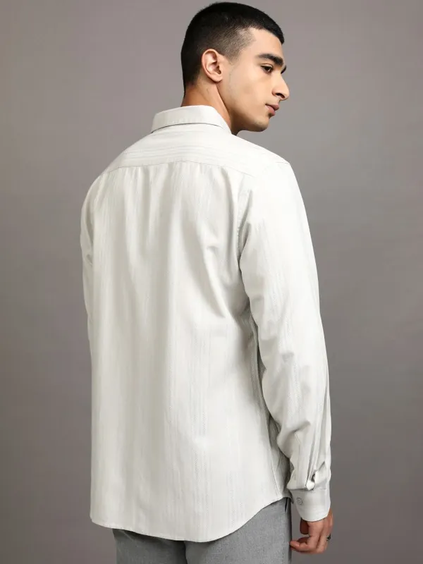 Highlander Men Grey Striped Slim Fit Casual Shirt