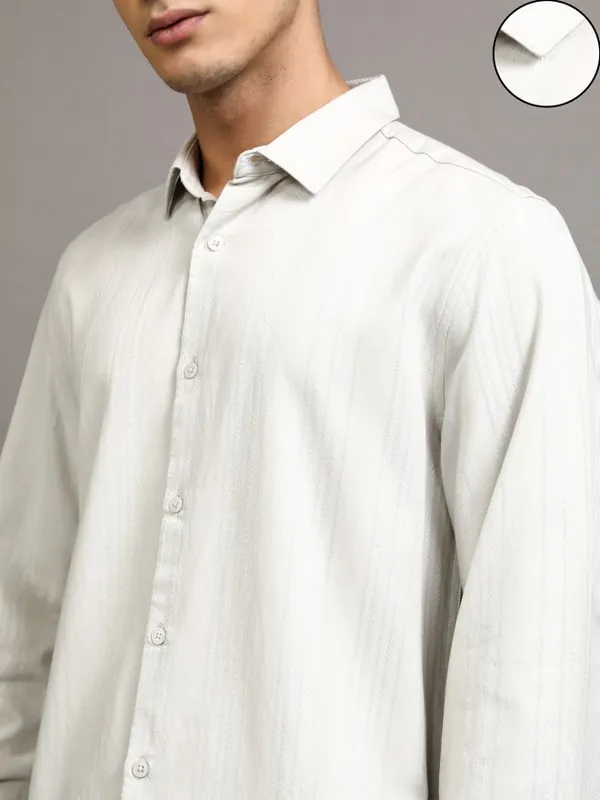 Highlander Men Grey Striped Slim Fit Casual Shirt