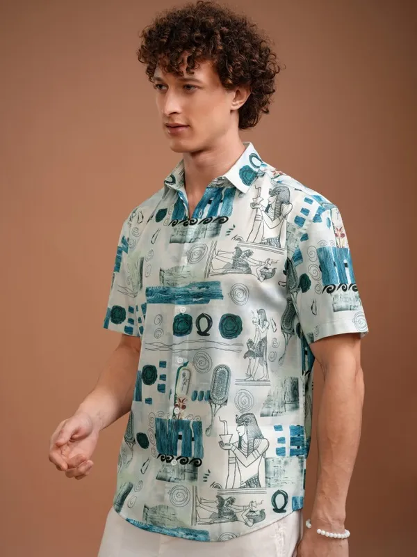 Highlander Men White Printed Relaxed Fit Casual Shirt