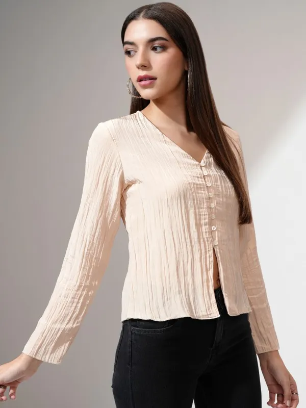 Tokyo Talkies Women Beige Solid Regular Top