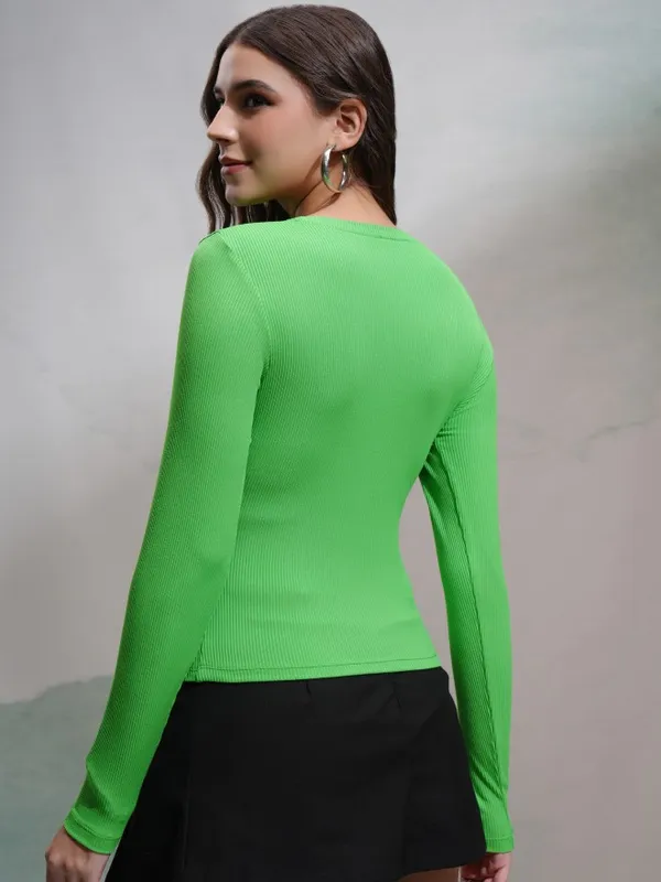 Tokyo Talkies Women Green Solid Fitted Top