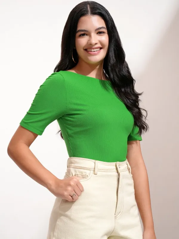 Tokyo Talkies Women Green Solid Fitted Top