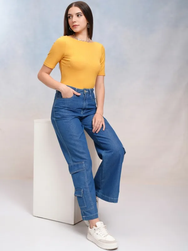 Tokyo Talkies Women Yellow Solid Fitted Top