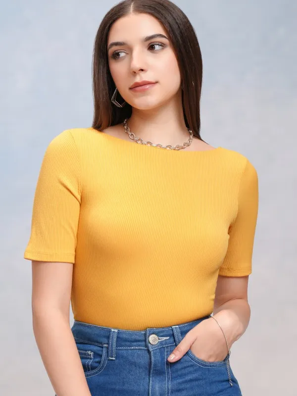 Tokyo Talkies Women Yellow Solid Fitted Top