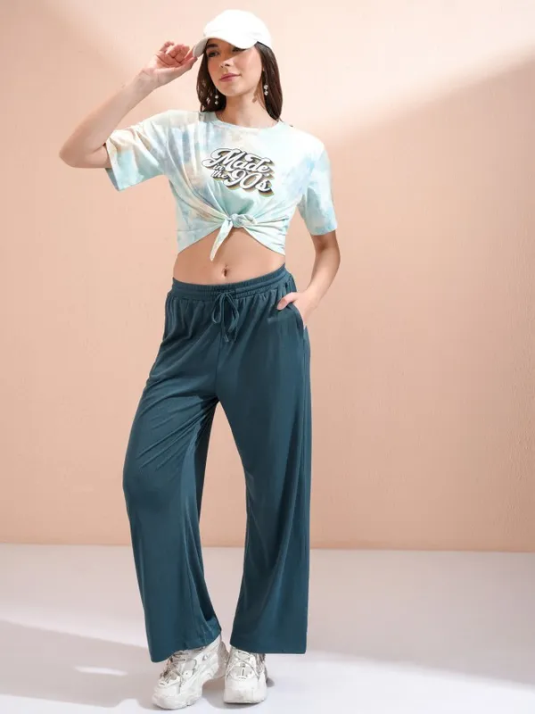 Tokyo Talkies Women Teal Solid Straight Fit Casual Trouser