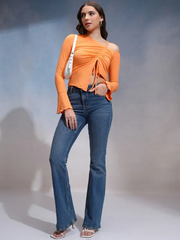 Tokyo Talkies Women Orange Solid Fitted Top