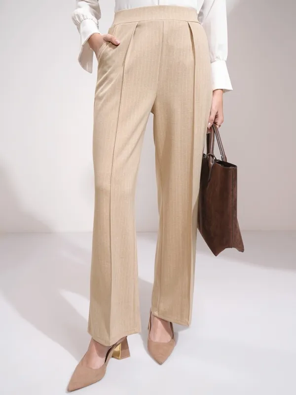 Tokyo Talkies Women Beige Striped Straight Fit Formal Trouser