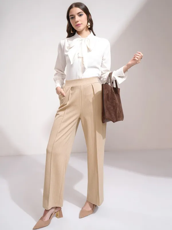 Tokyo Talkies Women Beige Striped Straight Fit Formal Trouser