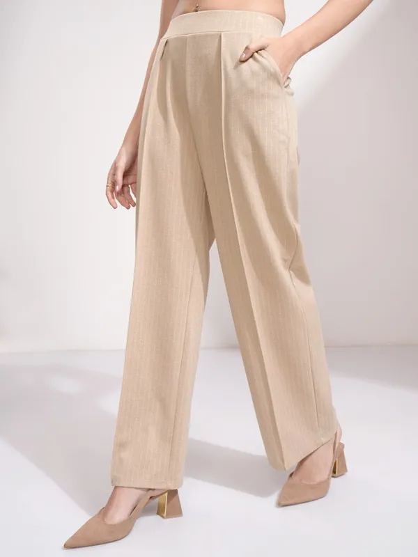 Tokyo Talkies Women Beige Striped Straight Fit Formal Trouser