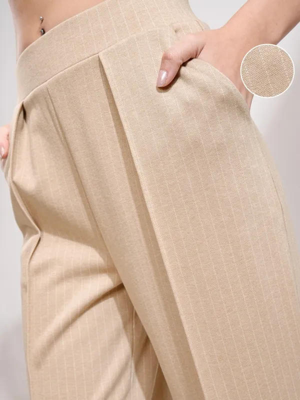 Tokyo Talkies Women Beige Striped Straight Fit Formal Trouser