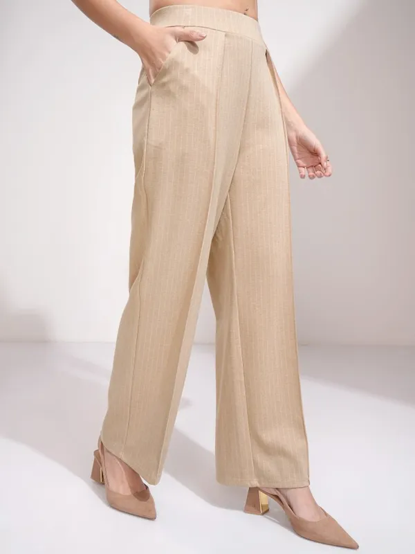 Tokyo Talkies Women Beige Striped Straight Fit Formal Trouser