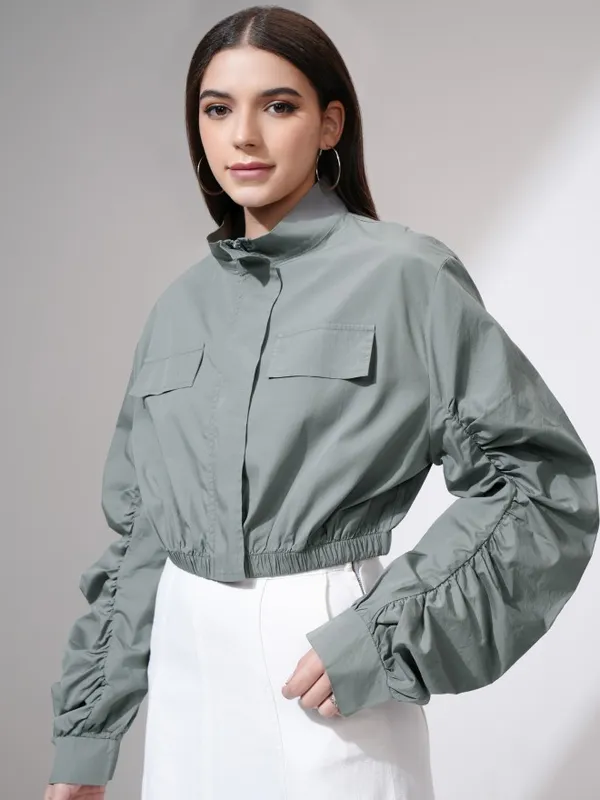 Tokyo Talkies Women Grey Solid Open Front Jacket