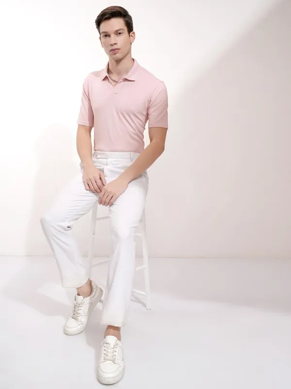 Highlander Men Pink Solid Polo Collar T-Shirt