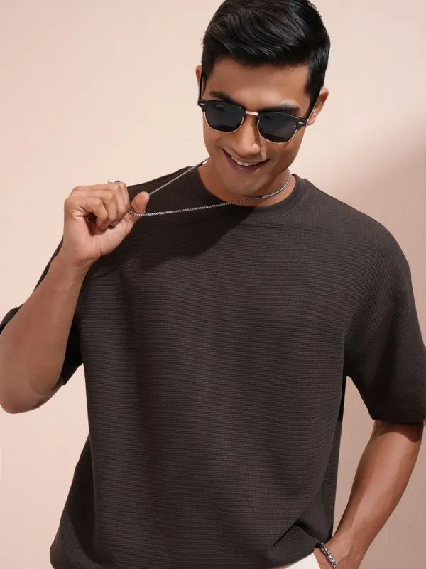 Men Self Design Round Neck Oversized Fit T-Shirt