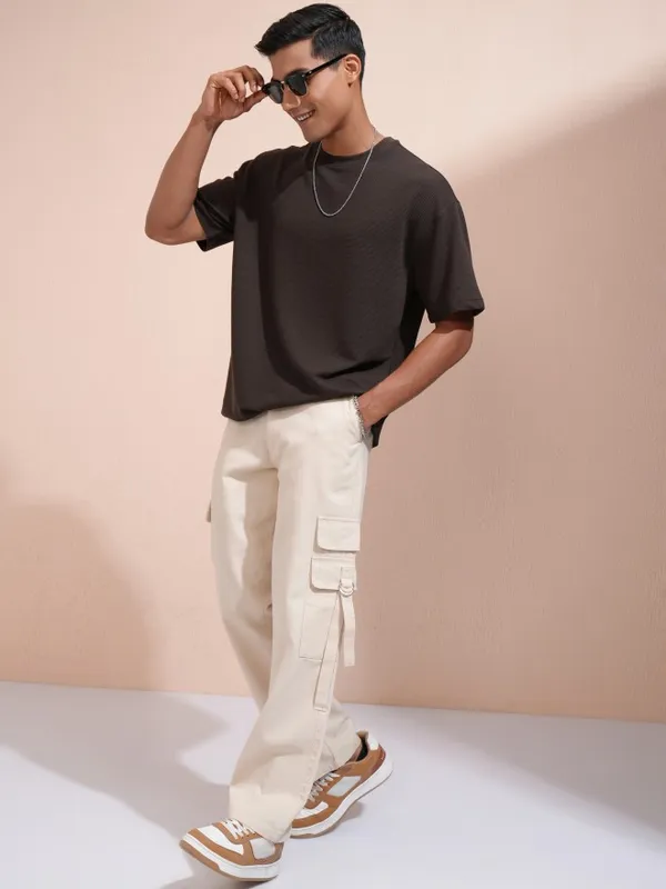 Locomotive Men Brown Self Design Round Neck Oversized Fit T-Shirt