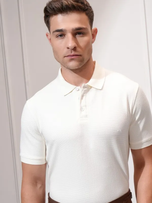 Locomotive Men Cream Self Design Polo Collar T-Shirt