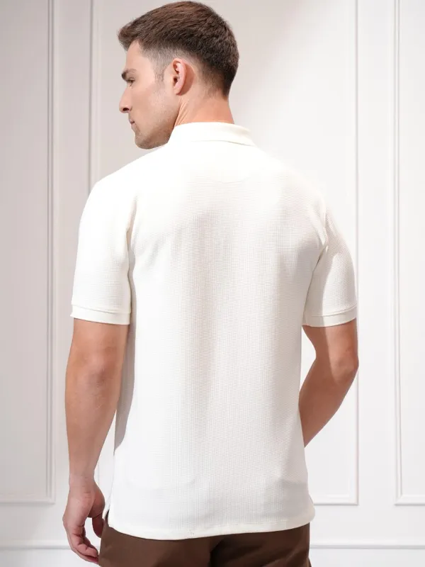Locomotive Men Cream Self Design Polo Collar T-Shirt