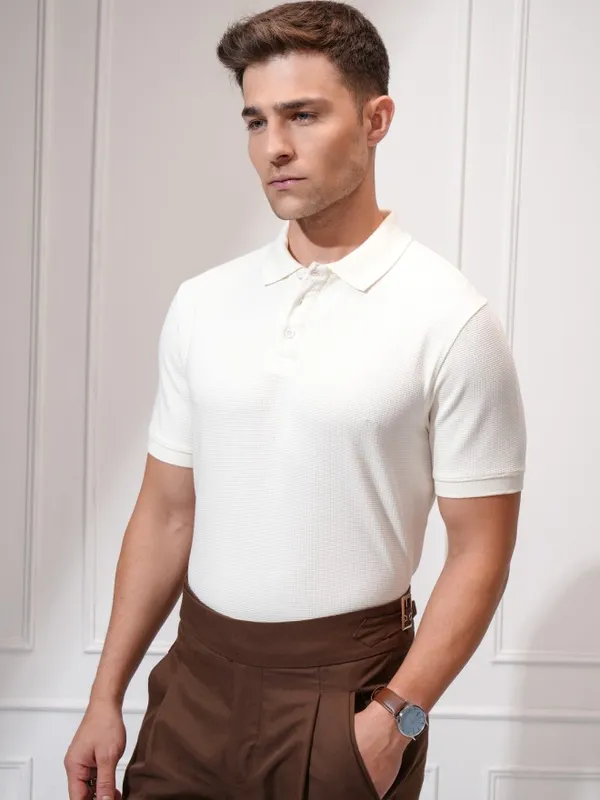 Locomotive Men Cream Self Design Polo Collar T-Shirt