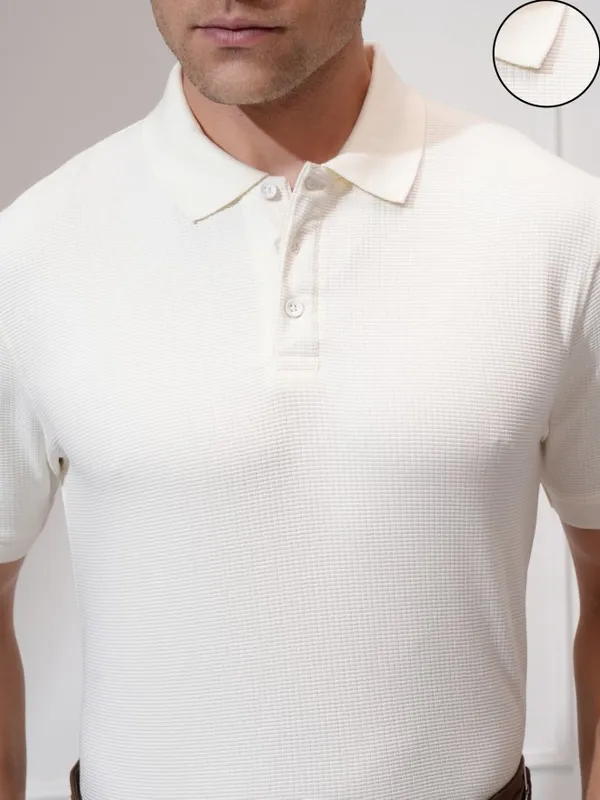 Locomotive Men Cream Self Design Polo Collar T-Shirt
