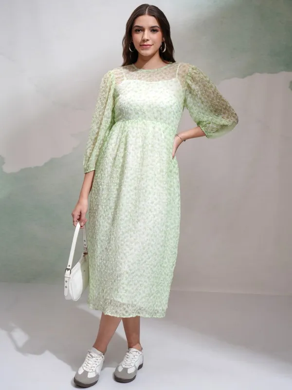Tokyo Talkies Women Green Self Design Fit and Flare Dress