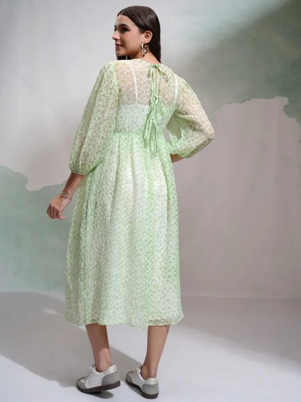 Tokyo Talkies Women Green Self Design Fit and Flare Dress
