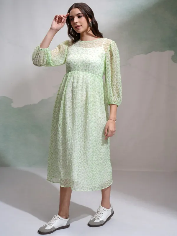 Tokyo Talkies Women Green Self Design Fit and Flare Dress