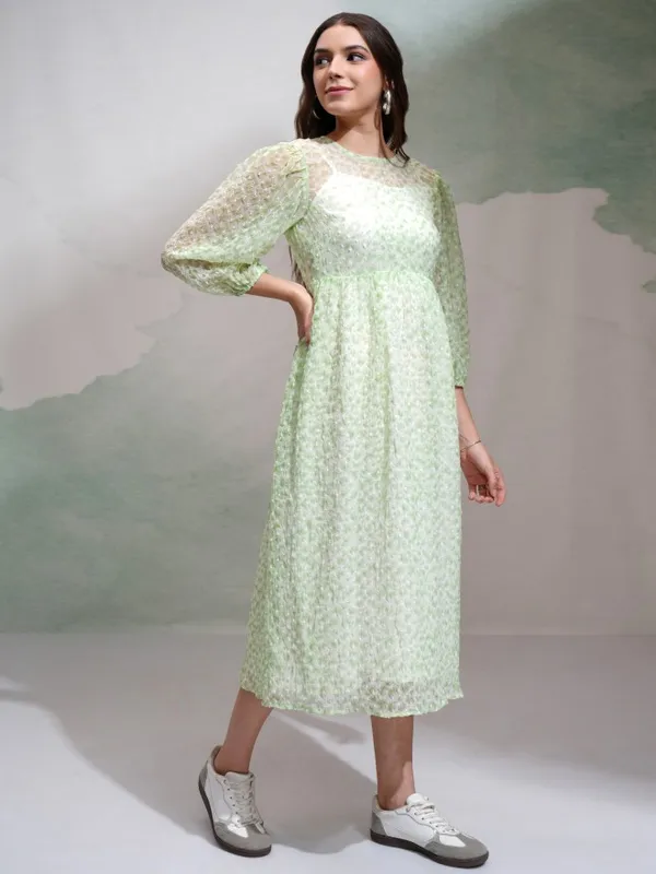 Tokyo Talkies Women Green Self Design Fit and Flare Dress