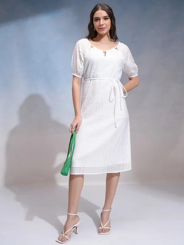 Tokyo Talkies Women White Self Design A-Line Dress
