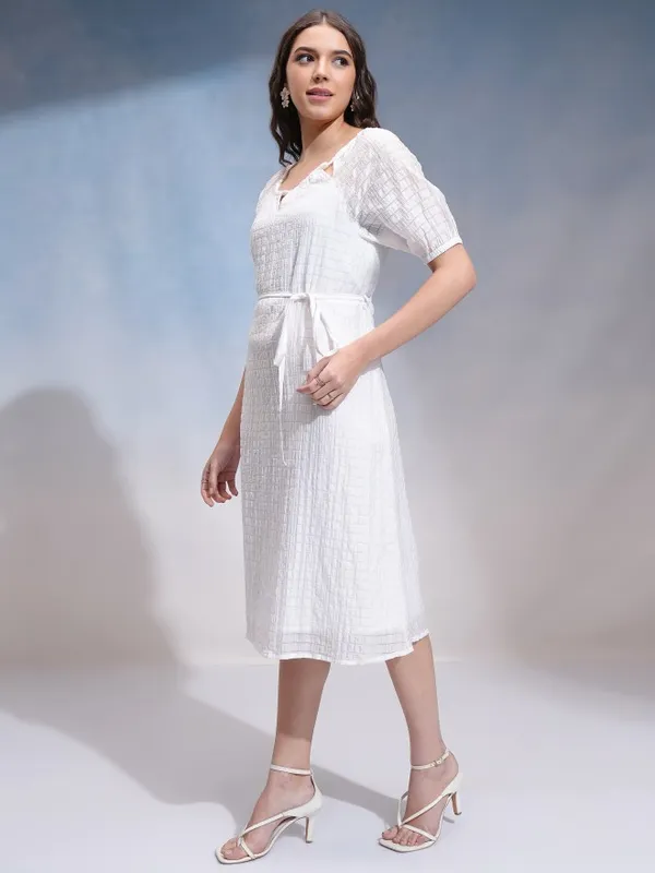 Tokyo Talkies Women White Self Design A-Line Dress