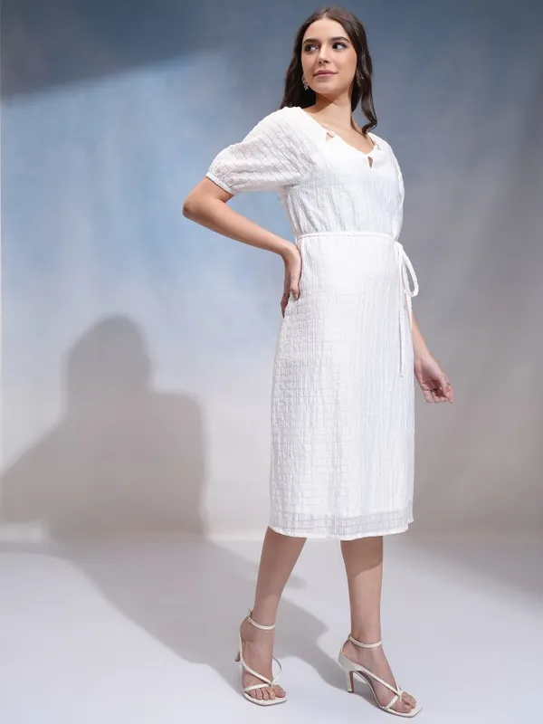 Tokyo Talkies Women White Self Design A-Line Dress