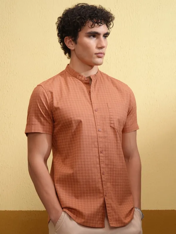 Highlander Men Rust Checked Regular Fit Casual Shirt