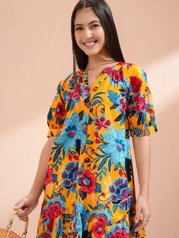 Vishudh Women Mustard Printed A-Line Dress