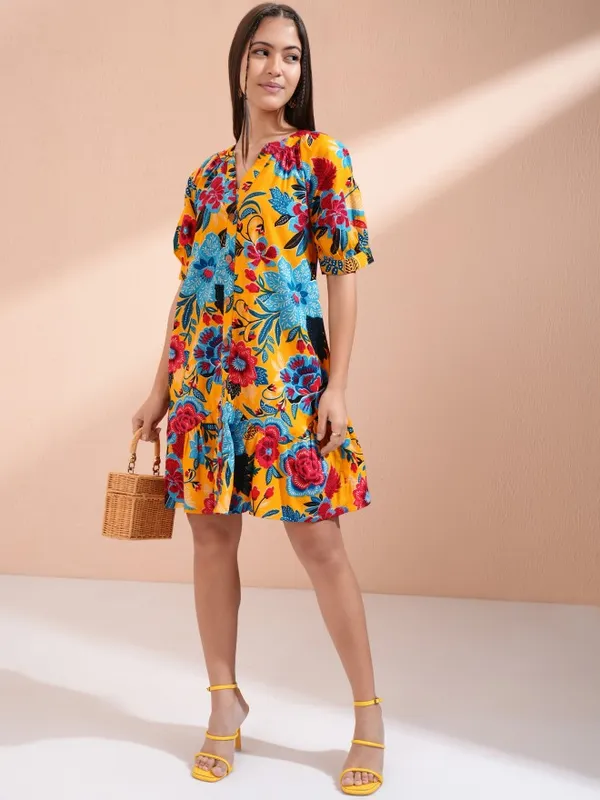 Vishudh Women Mustard Printed A-Line Dress