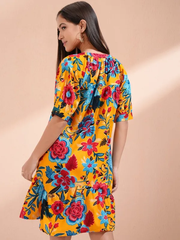 Vishudh Women Mustard Printed A-Line Dress