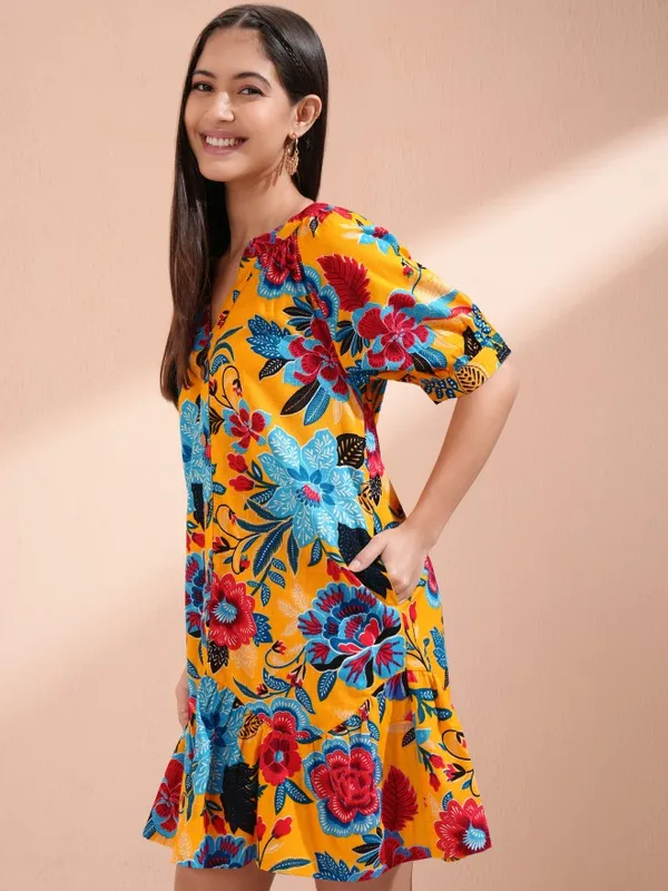 Vishudh Women Mustard Printed A-Line Dress