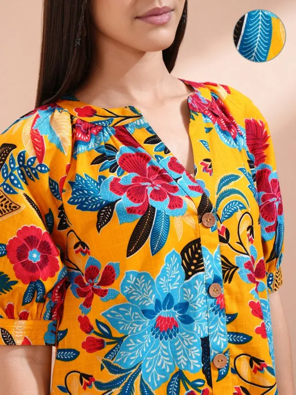 Vishudh Women Mustard Printed A-Line Dress