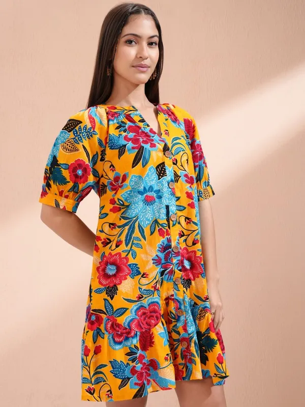 Vishudh Women Mustard Printed A-Line Dress